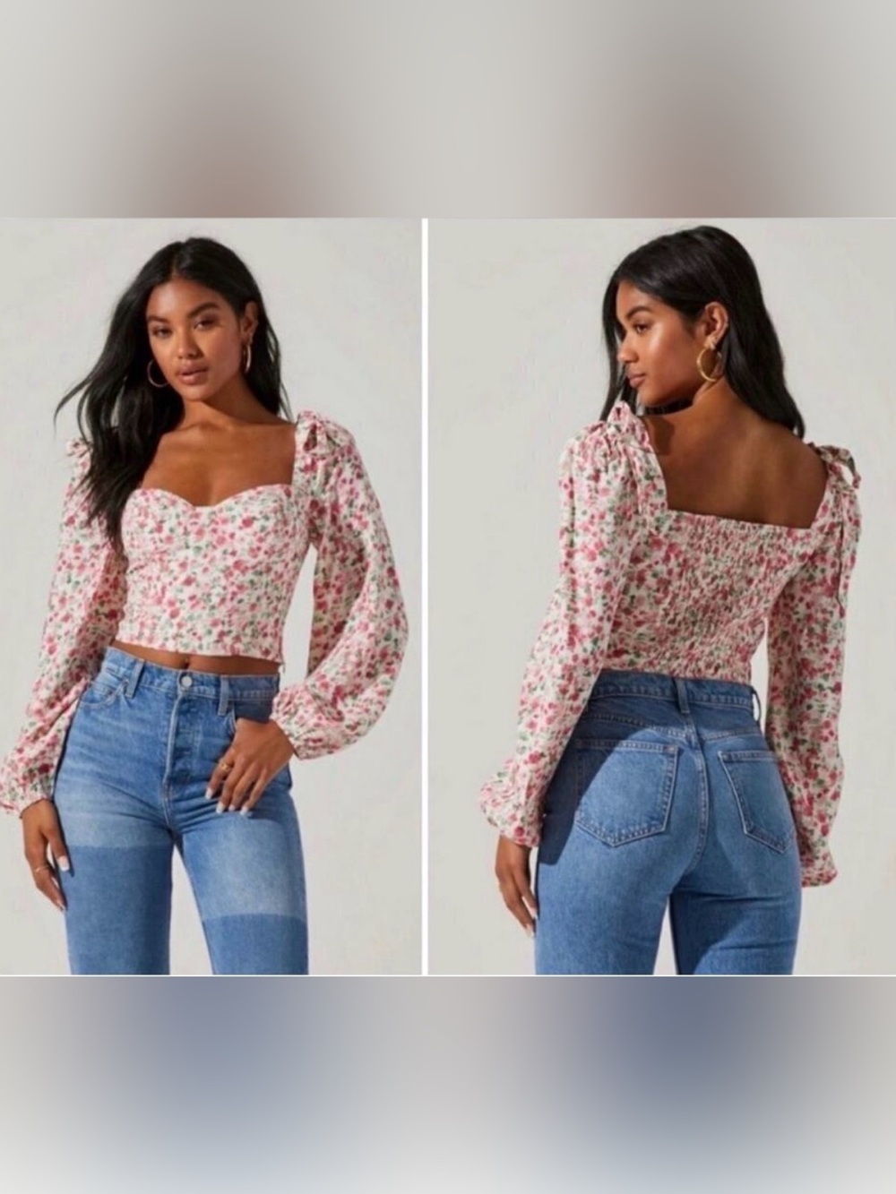 NWT ASTR The Label Pink Floral Tie Shoulder Long Sleeve Crop Top Small Romantic
